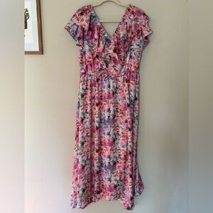 GUC Taylor Pink & Purple Floral Midi Ruffle V-Neck Dress